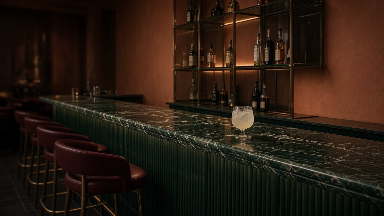 Donkere hospitalitybar met groen natuurstenen blad, bordeauxrode krukken en wandkast.