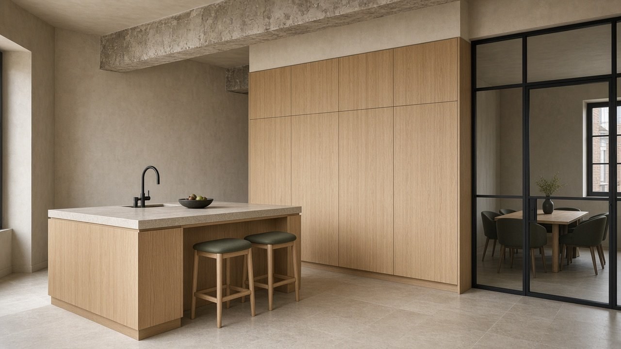 Kantoorinterieur met licht houten pantry, hoge kastenwand en glazen vergaderruimte.