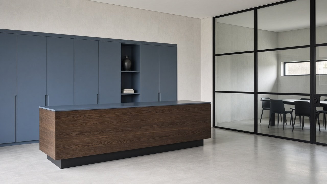 Ontvangstbalie van donker hout voor blauwe kastenwand en glazen scheidingswand.