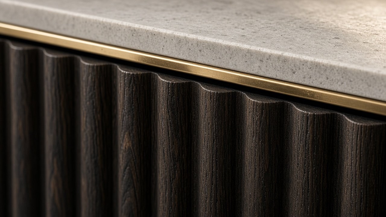 Detail van donker geribbeld hout, messing profiel en licht stenen blad.