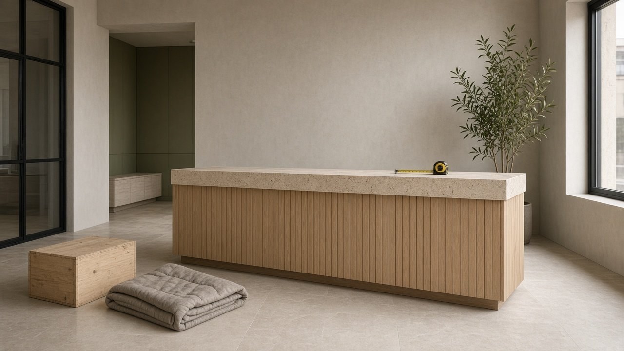 Licht houten balie met stenen blad, meetlint en plant in een lichte ruimte.