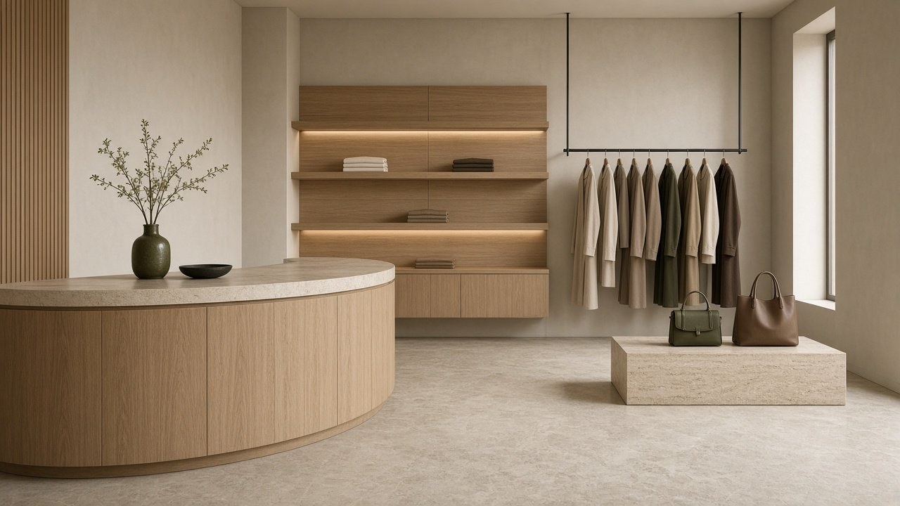 Rustig retailinterieur met gebogen houten toonbank, wandkast en kledingrek.