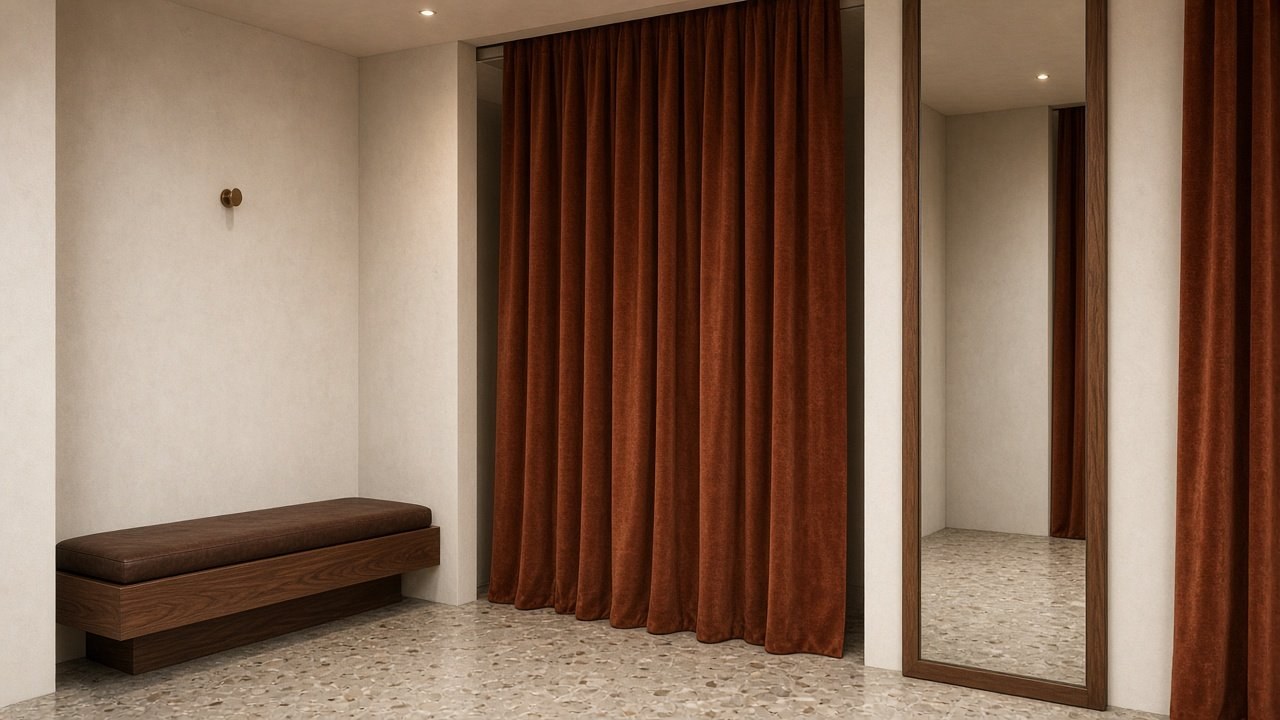 Paskamers met roestkleurig velours, walnoot maatwerk en terrazzo vloer.
