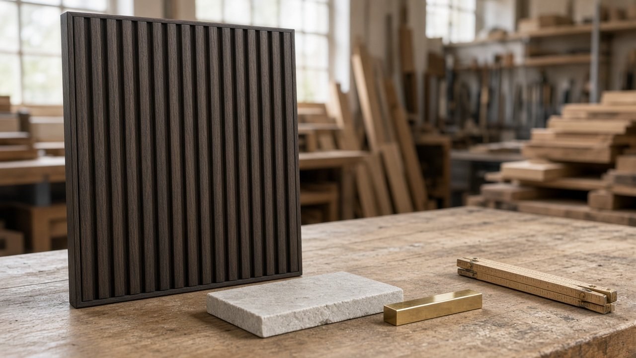 Donker houten lattenpaneel, steenstalen en meetgereedschap op een werkbank.