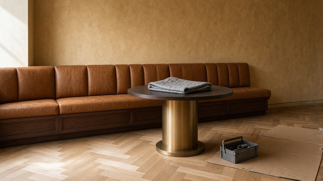 Bruine gestoffeerde vaste bank, ronde tafel en gereedschapskist op een houten vloer.